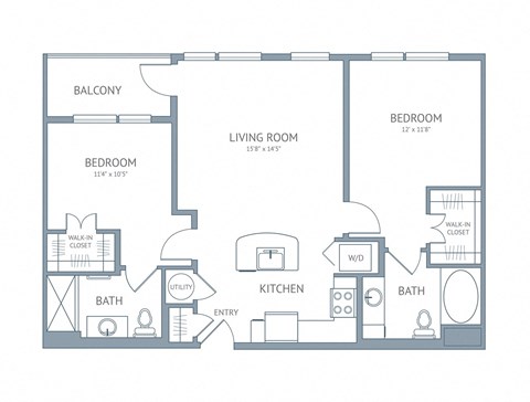 Floor plan for 2 beds, 2 baths, 952 sqft